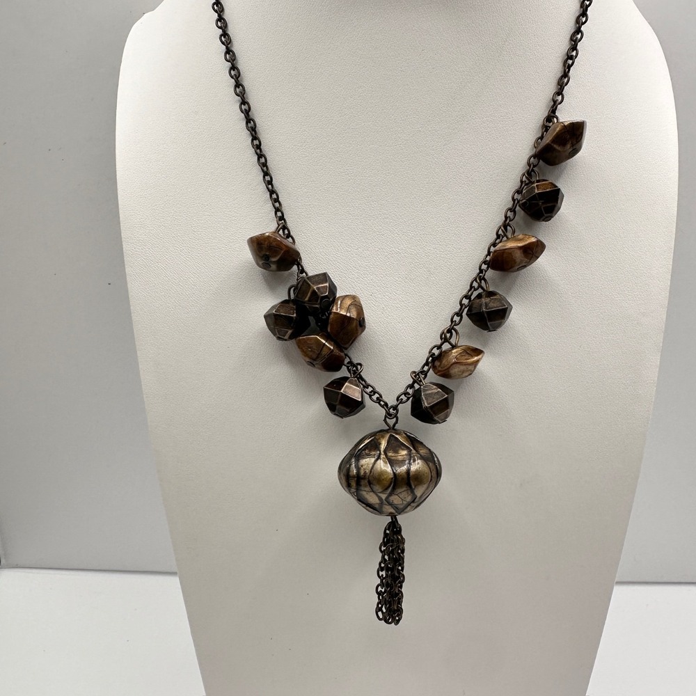 Vintage 80s Boho Statement Necklace Brown Beaded Pendant Chain Tassel Jewelry